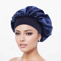 Dark blue satin silk hair bonnet with elastic wide band for hair protection and sleeping - Navy Blue