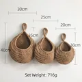 Three-piece set of brown crochet teardrop wall hanging storage baskets with dimensions - Combination Style / Brown
