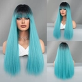 Long straight black to blue gradient wig with bangs shown in three-view layout - 68CM / Lake Blue Root Dye