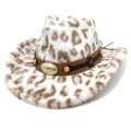 Cappello da cowboy leopardato in ecopelliccia con fibbia a toro e borchie a stella - M (56-58cm) / Parte Superiore a Cuore / Bianco