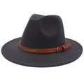 Close-up of a grey wool fedora hat featuring a brown leather belt with vintage metal studs - Dark Gray (2 Studs)