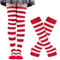 Detail of red and white striped thigh high socks with matching arm warmers set - One Size / Red and White Wide Stripes