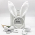 Three-piece white plush bunny accessory set with long ears headband, bowtie, and tail - Full White Plush