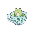 Cute green frog sitting in a blue teacup enamel pin with lily pad detail - Frog Tea Cup Style (QHXZ1862)