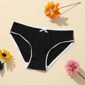 Black ribbed polyester panties with white lace trim and a bow on beige background - S / Black