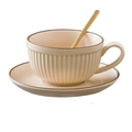 Nordic matte ceramic coffee cup and saucer set with vertical grain and gold spoon - Pumpkin Shape-Milk Tea White