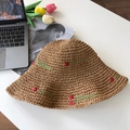 Brown crochet straw hat with red tulip floral embroidery on a white desktop - M / Cherry-Khaki