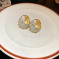 Vintage light blue enamel C-shaped flower earrings with diamonds on a ceramic tray - Blue Enamel Flower Ear Clips (1# Ear Clip-Gold-Blue)
