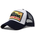 Casquette trucker rétro bleu marine et blanc avec patch brodé jaune et visière usée - Réglable / Bleu marine