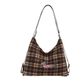 Brown plaid tote bag featuring a cute dachshund embroidery and adjustable shoulder straps - Grey Multicolor Stripe