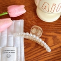 Elegant clear hair claw clip with faux pearls on a warm wooden background scene - No. 14 Large Small Pearls Medium 9.7cm