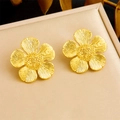Golden flower stud earrings with a textured vintage floral design for women - Five Petal Textured Studs (E6194)