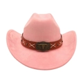 Cappello da cowboy rosa con fascia in pelle marrone e fibbia a forma di teschio di toro - Rosa Antico