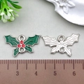 Enamel alloy holly leaf pendant with red berries for DIY earrings, 2.5cm size - Green Christmas Leaf Double Hole 13x20mm