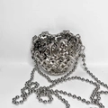 Silver heart-shaped metal hollow woven clutch bag with polished bead chain strap - Silver