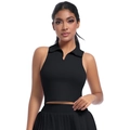 Detail of black sleeveless polo crop top and pleated mini skirt set for yoga and tennis - L / Black