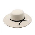 Classic beige wool felt flat top wide brim boater hat with black ribbon band trim - M (56-58cm) / Beige