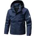 Men's navy blue hooded outdoor jacket with windproof fabric and sleeve logo detail - M / Dark Blue