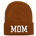 Brown knit beanie with MOM white embroidery, stylish outdoor winter skiing skull cap - MOM / Caramel color