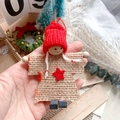 Handmade Christmas elf ornament with red knit hat and burlap body hanging decoration - Red Hat Star Burlap Angel Doll (A36)
