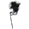 Maschera per travestimento con piume nere, pizzo argento e bastoncino per feste cosplay - Maschera a mano in pizzo nero argento