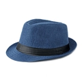 Chapeau fedora classique bleu foncé avec ruban noir, texture tissée contre le soleil - M (56-58cm) / Bleu