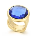Chunky gold cocktail ring featuring a faceted blue round gemstone with triple-layered band - US 6 / Golden Sapphire Blue Style (KR107535-K)