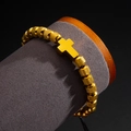 Men's hip hop gold beaded cross bracelet with industrial knurled texture and metallic finish - Gold Cross Pineapple Beads Bracelet