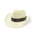 Cream western straw cowboy hat with hollow weave and floral embroidered band - M (56-58cm) / Creamy White