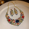Detailed view of vintage gold necklace set with colorful rhinestones on a white plate - Multicolor Necklace 2pcs Set (9#)