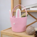 Pink woven cotton rope Easter basket with cute bunny ears and soft white embroidery - With Handle / Pink