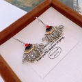 Macro view of vintage fan-shaped earrings with red gemstone and grey droplet tassels - Vintage Red Ruby Fan (10#)