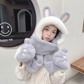 Grey plush 3-in-1 winter hood scarf and mittens set with cute rabbit ear design - Rabbit 3-piece Set - Grey Blue