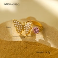 Golden butterfly open ring with white pearls and pink gemstone on a stone base - Pearl Butterfly + Pink Zirconia