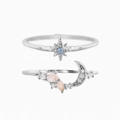 Star and moon ring set with blue opal and pink zircons in polished silver finish - US 7 / Silver