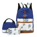 Blue canvas floral three-piece set with backpack, lunch bag, and pencil case - Blue and White Colorblock
