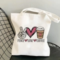 White canvas tote bag featuring Peace Love Coffee leopard print and pink heart design - Leopard Scissors Hand Pattern Style (B100309-TBWH-M)
