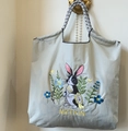 Light gray tote bag featuring intricate rabbit embroidery and sturdy rope handles - Light Grey Rabbit Flower