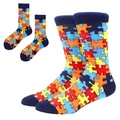Vibrant colorful jigsaw puzzle pattern crew socks with navy blue heel and toe accents - Colorful Jigsaw Puzzle Socks