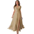 Elegant champagne V-neck chiffon bridesmaid dress with high slit and ruffled sleeves - S (US 2) / Bottoms / Dark Champagne