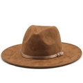 Cappello Fedora unisex in finto camoscio marrone con tesa piatta e fibbia dorata - M / Cachi