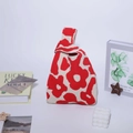 Red and white floral knit gift bag with knotted handle for wedding favors and parties - Red Flower