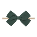 Elastic nylon baby headband featuring a large dark green linen bow for infant girls - Dark Green