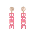 Pink enamel BRIDE earrings with faux pearls and gold alloy trim for wedding season - Pink