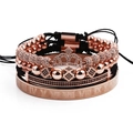 Detailed stack of rose gold roman numeral bangle and crown beaded bracelets - Rose Gold Set