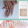 Matte nude Ballerina-Kunstnägel mit minzgrünen und goldenen Wellenlinienmustern - Blaues Wirbel-Matt-Stil (Inklusive Gelee-Kleber + Alkoholpad)