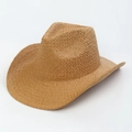 Handcrafted flat top straw sun hat in camel brown with breathable hollow weave design - Plain Raffia Cowboy Hat Base - Khaki