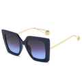 Oversized navy blue square sunglasses with gradient lenses and pearl-trimmed gold temples - Black Frame Grey Blue Lens