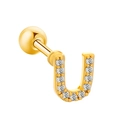 Golden letter U cartilage stud earring with cubic zirconia and screw ball back - Letter U