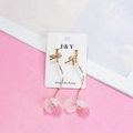 Detail of gold bow earrings with spiral wire, translucent petals and white pearls - Bow Spiral Thin Bar Petal Artificial Pearl Style (E1486-3/Earring Post)